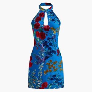 Velvet Jacquard Floral Halter Neck Dress - Blue and floral